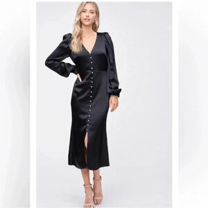 En Saison black lizette satin floral rhinestone button midi dress